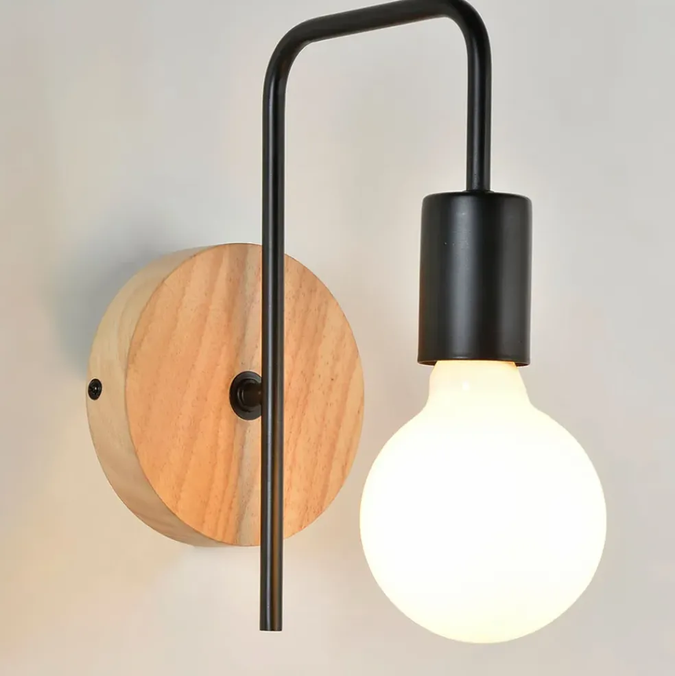 Applique base ronde en bois naturel et métal noir