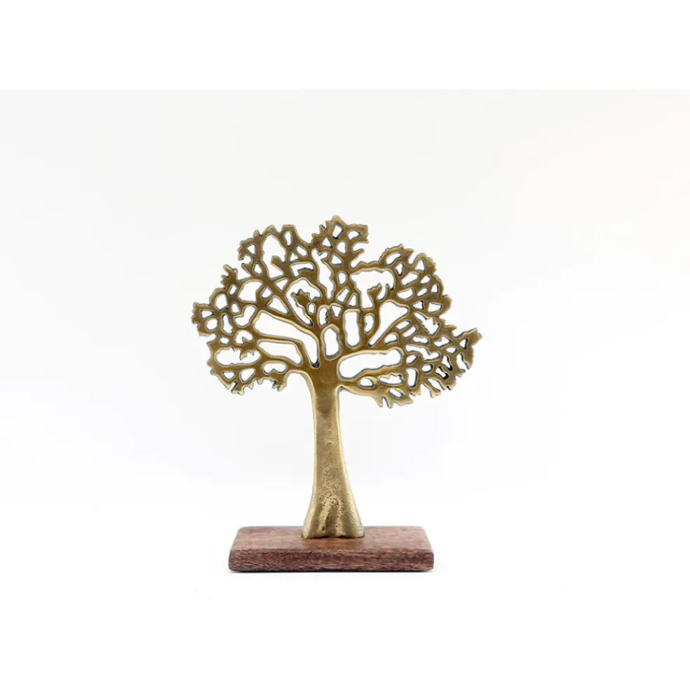 Arbre de vie doré sur socle en bois de manguier h26.5cm