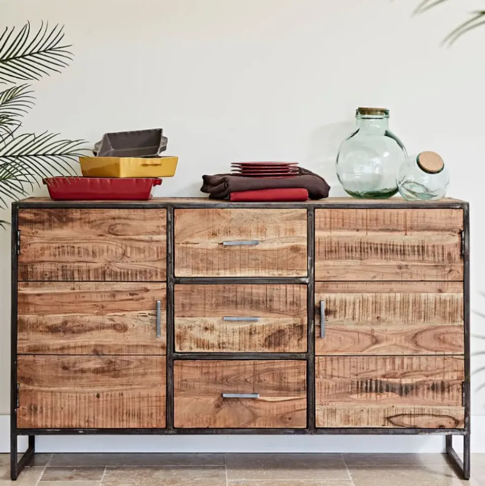 Bahut en acacia et fer noir l150cm - Factory