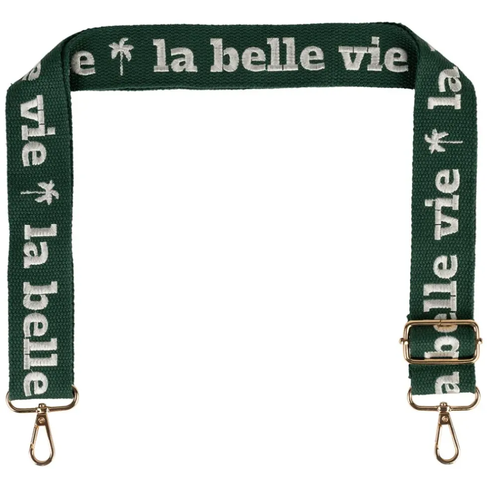 Bandoulière brodée réglable en coton émeraude et écru