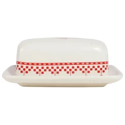 Beurrier en faïence blanc et rouge - damier