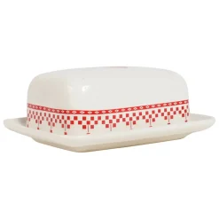 Beurrier en faïence blanc et rouge - damier