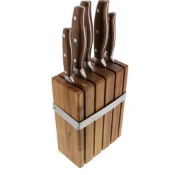 Bloc en acacia de 5 couteaux de cuisine inox avec manche en noyer