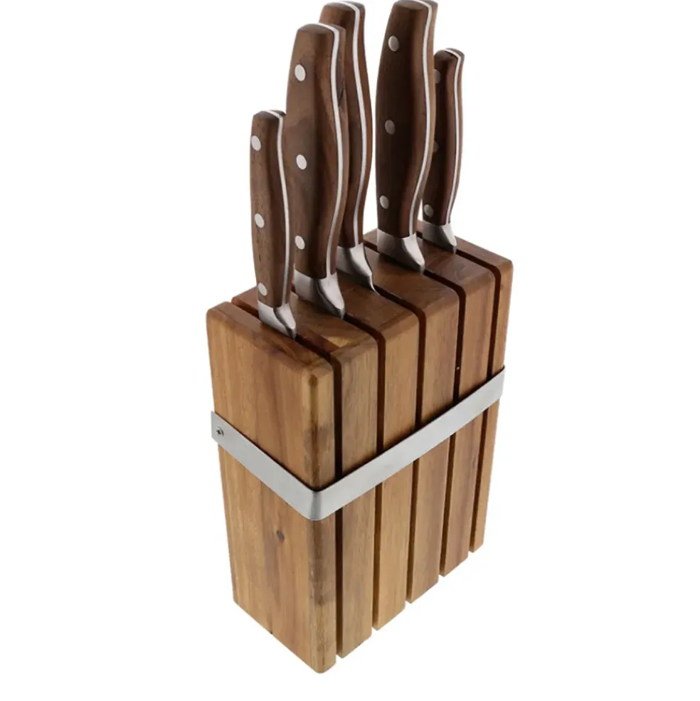 Bloc en acacia de 5 couteaux de cuisine inox avec manche en noyer