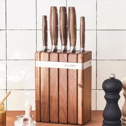Bloc en acacia de 5 couteaux de cuisine inox avec manche en noyer