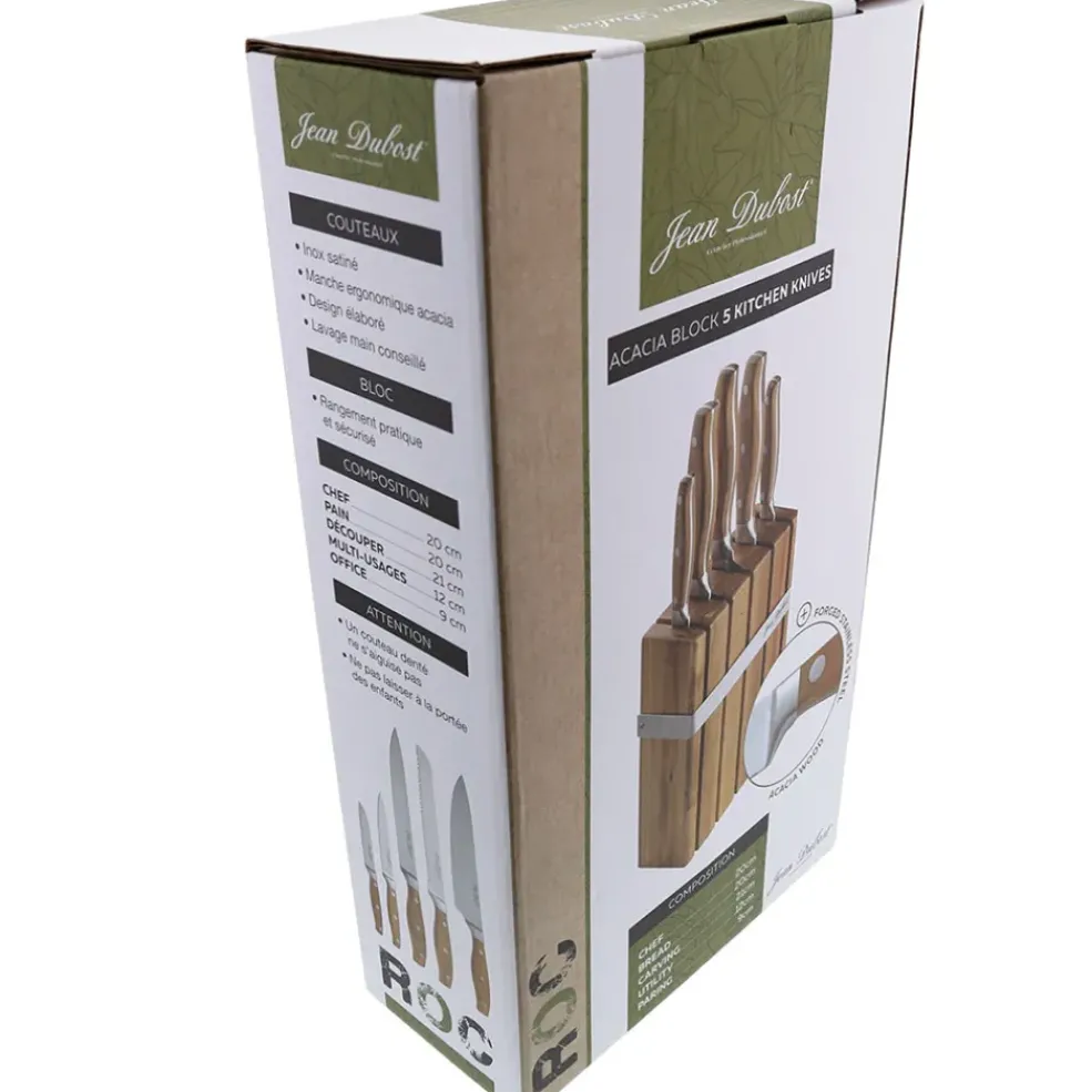 Bloc en acacia de 5 couteaux de cuisine inox avec manche en noyer