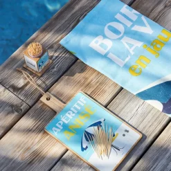 Boite pics apéro en pin et panneau de bois bleu et jaune - Pastis