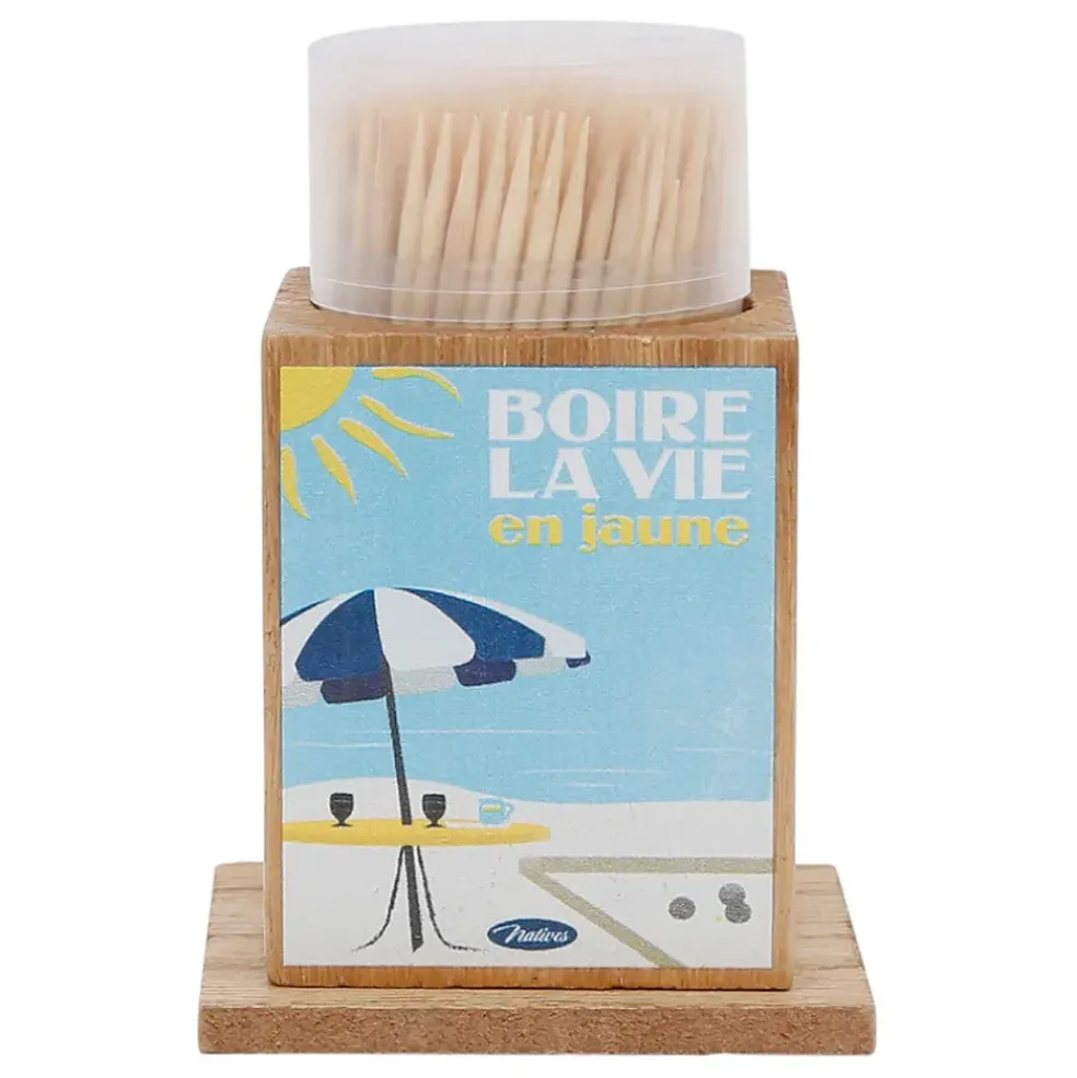 Boite pics apéro en pin et panneau de bois bleu et jaune - Pastis