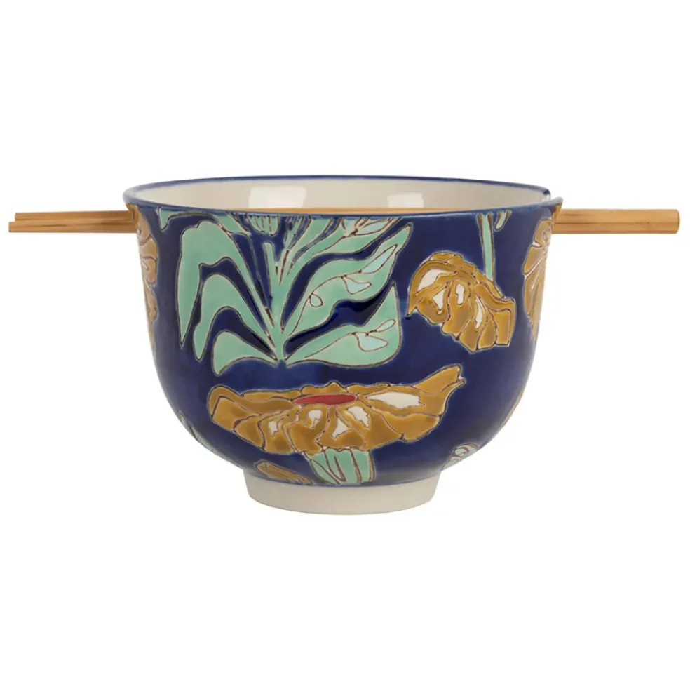 Bol en grès et bambou et baguettes multicolore - Flaura