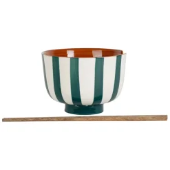 Bol en grès rayé émeraude et blanc avec baguettes d14cm - Alaria