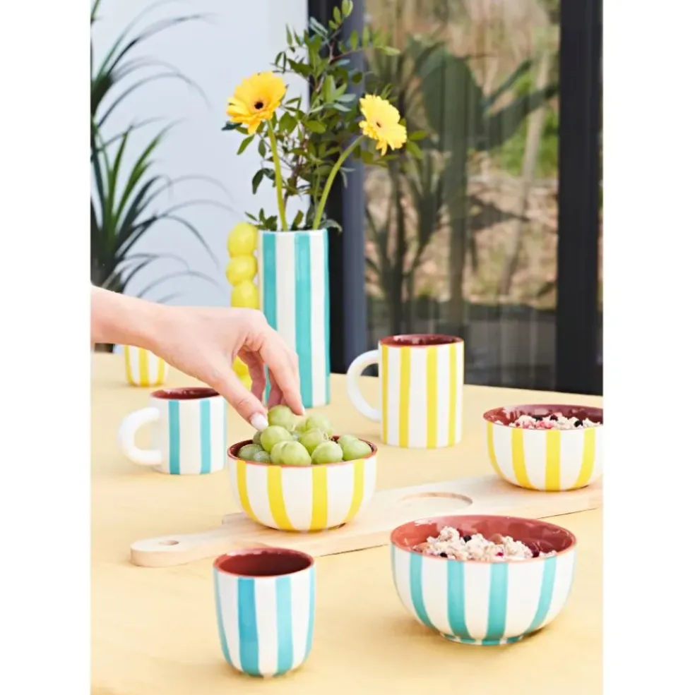 Bol en grès rayé turquoise et blanc 35cl - Alaria