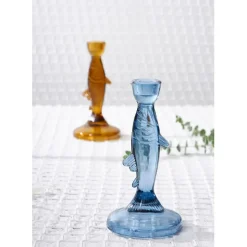 Bougeoir poisson en verre bleu h20cm - Oanez