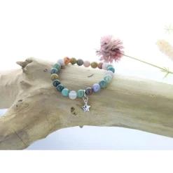 Bracelet agate multicolore perles rondes 8mm et étoile