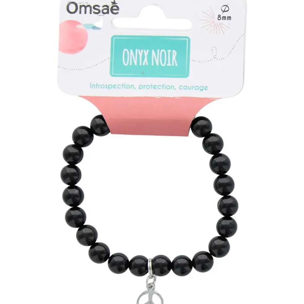 Bracelet onyx perles rondes 8mm et signe paix