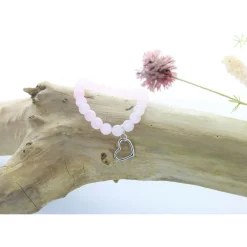Bracelet quartz rose perles rondes 8mm et cœur