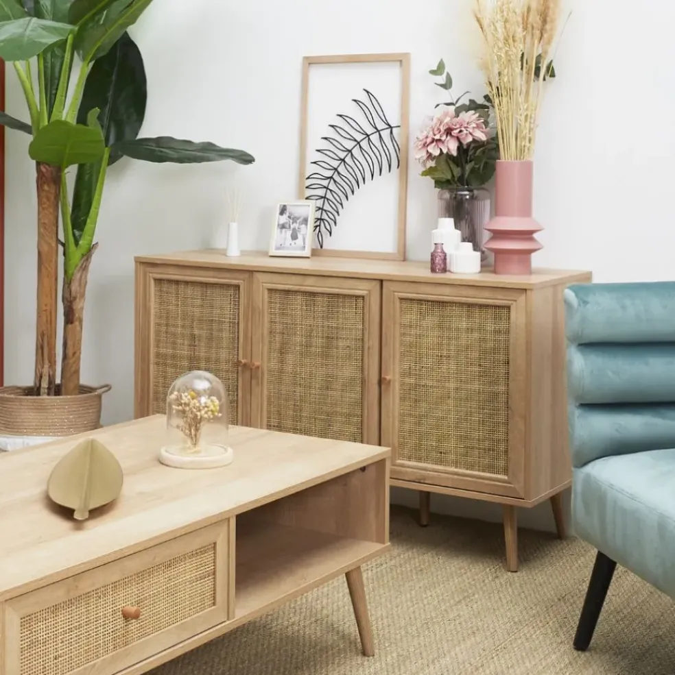 Buffet en bois et cannage 3 portes L115cm - Baia