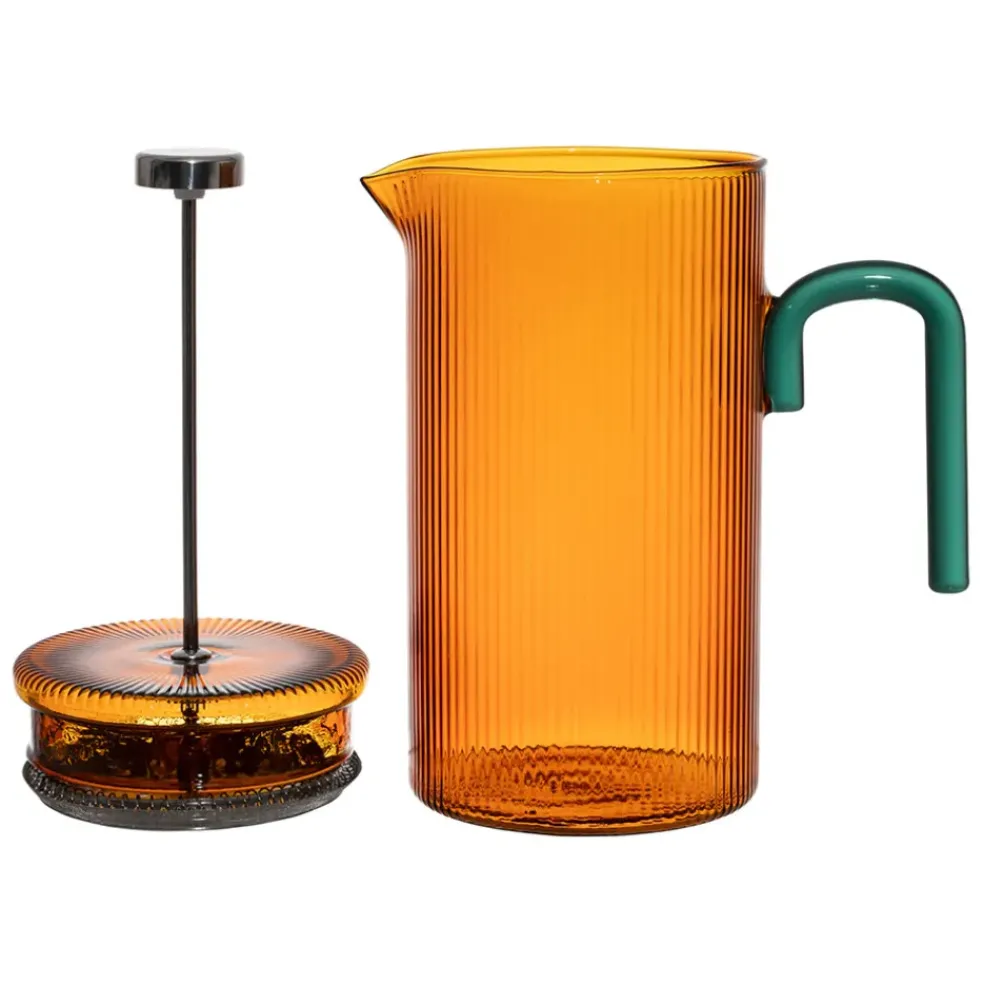Cafetière à piston striée en verre borosilicate ambre et émeraude 1L