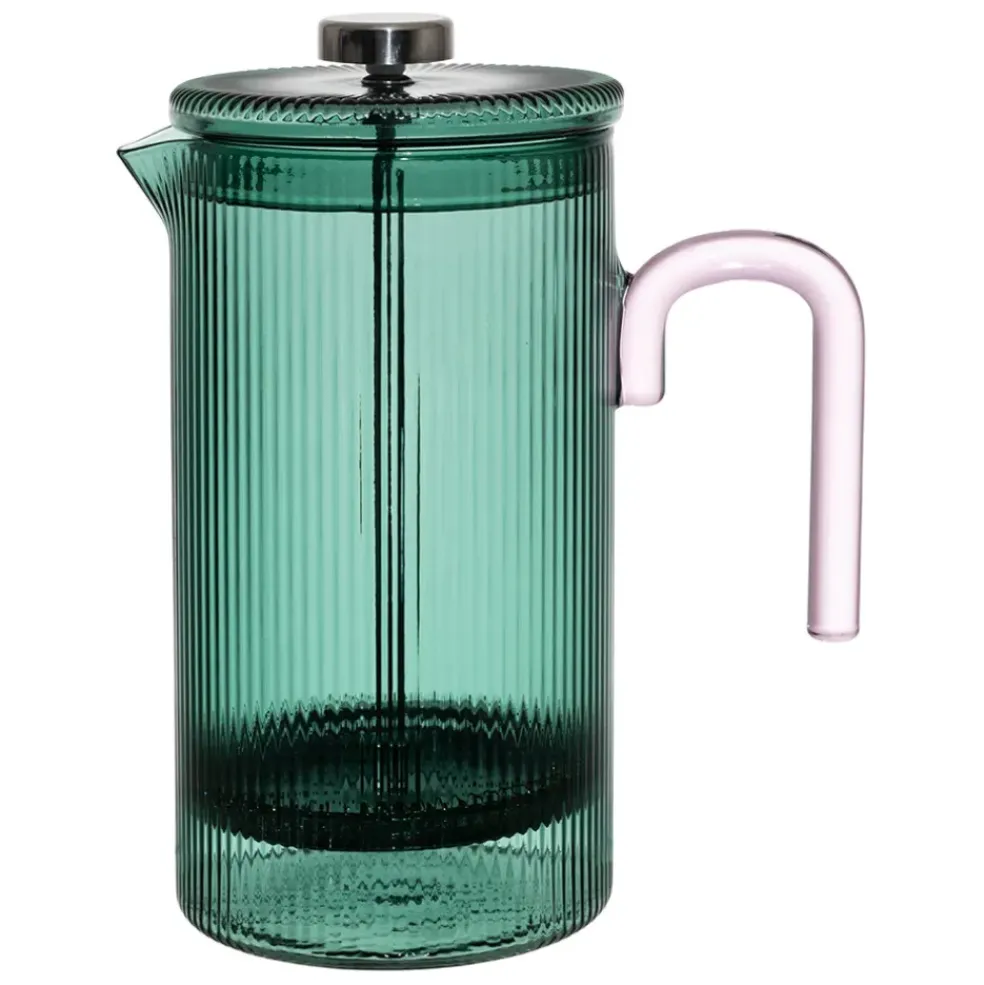 Cafetière à piston striée en verre borosilicate émeraude et rose 1L