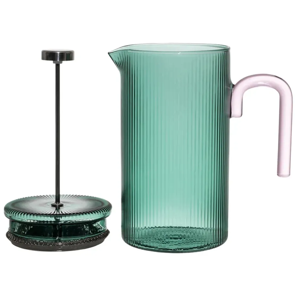 Cafetière à piston striée en verre borosilicate émeraude et rose 1L
