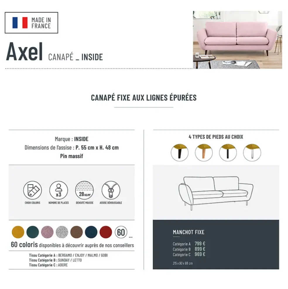 Canapé fixe 3 places Axel - Tissu - Enjoy Vert D'Eau