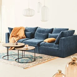 Canapé modulable 3 places bleu grisé avec pouf - Auguste