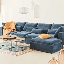 Canapé modulable 4 places bleu grisé avec pouf - Auguste