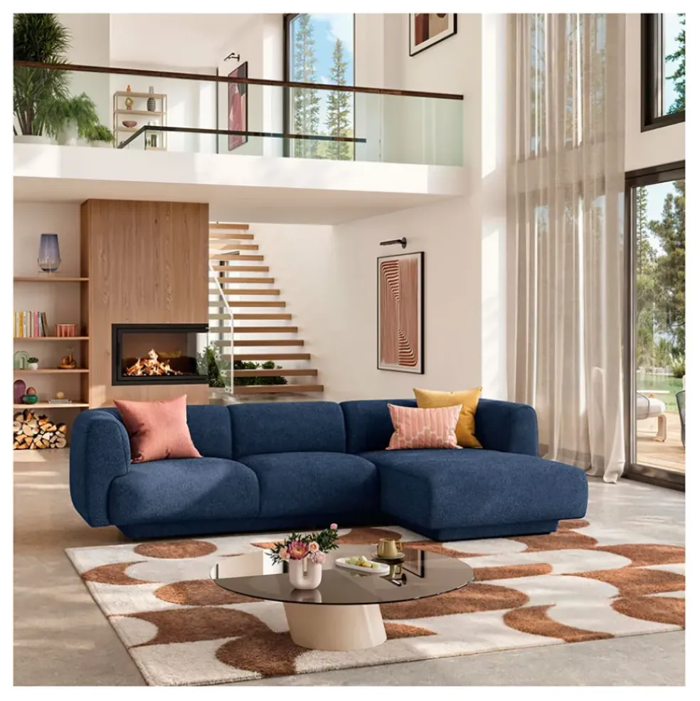 Canape angle droit 4 places en tissu texturé bleu marine - Austin