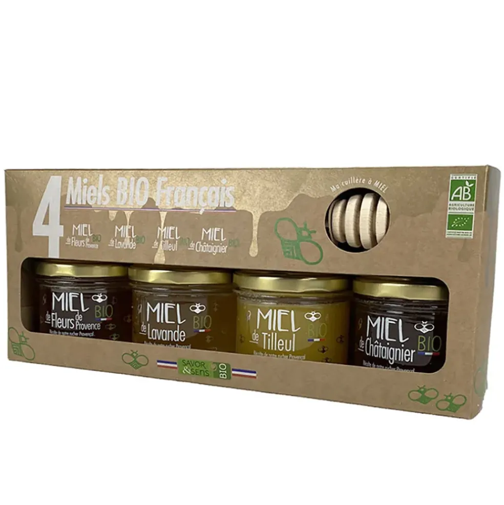 Coffret 4 miels d'origine bio et français