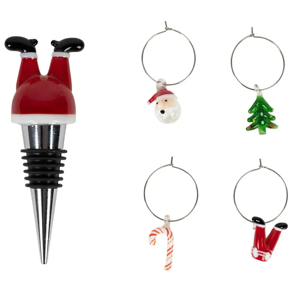 Coffret bouchon avec 4 marqueurs en verre et inox rouge - Noel