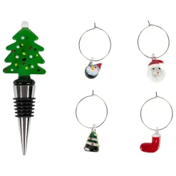 Coffret bouchon bouteille avec 4 marqueurs en verre et inox vert - Noel