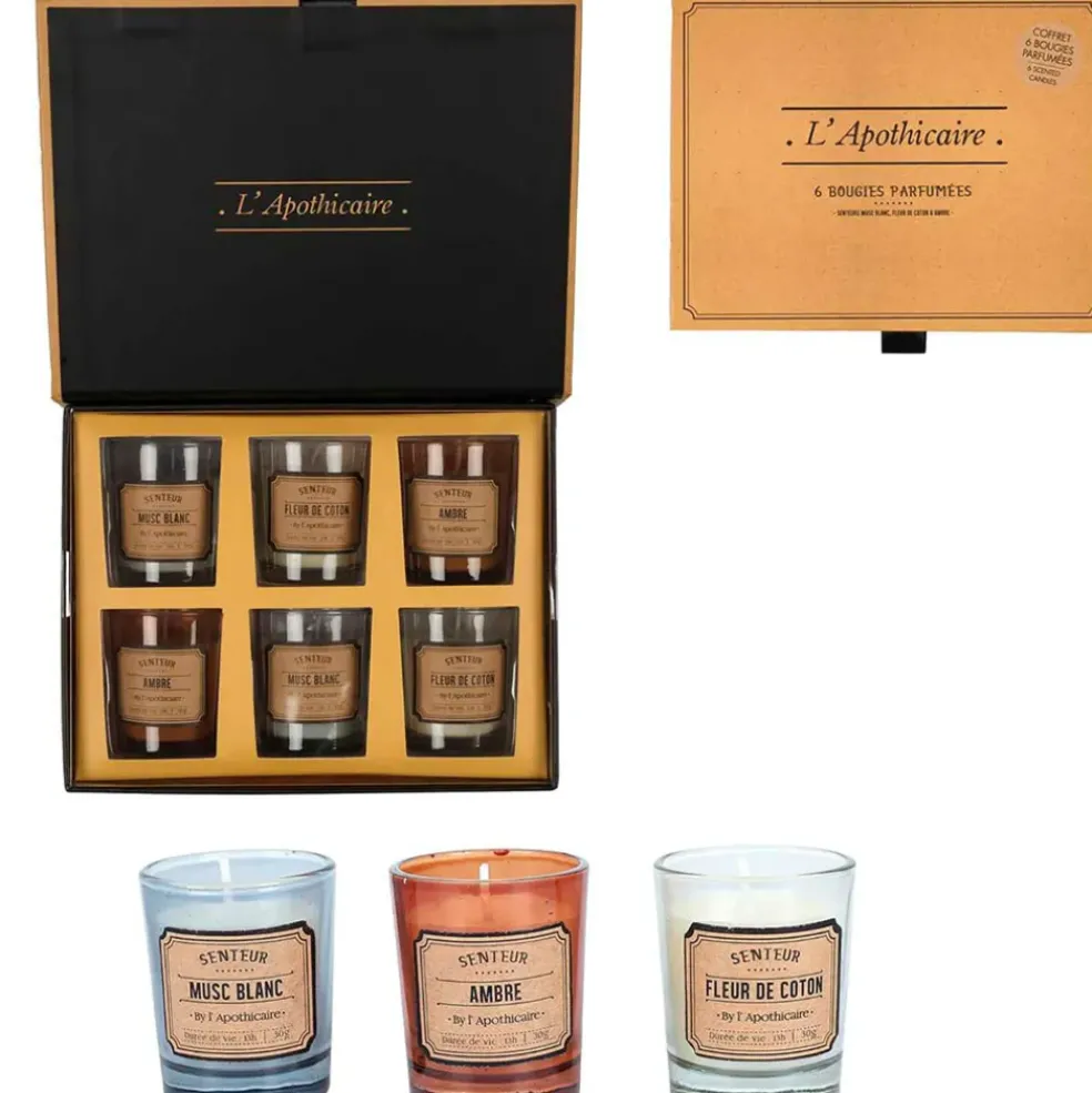 Coffret de 6 bougies parfumée musc blanc, fleur de coton et ambre 6h - Apothicaire