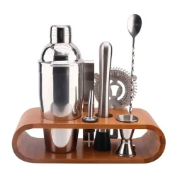 Coffret de cocktail en acier argenté et bambou