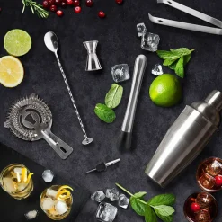 Coffret de cocktail en acier argenté et bambou