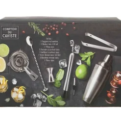Coffret de cocktail en acier argenté et bambou