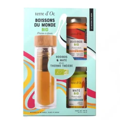 Coffret thé, maté et rooibos mangue passion avec gourde en verre