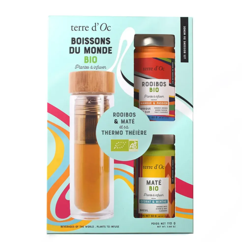 Coffret thé, maté et rooibos mangue passion avec gourde en verre