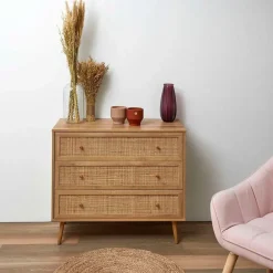Commode en bois et cannage 3 tiroirs H79cm - Baia
