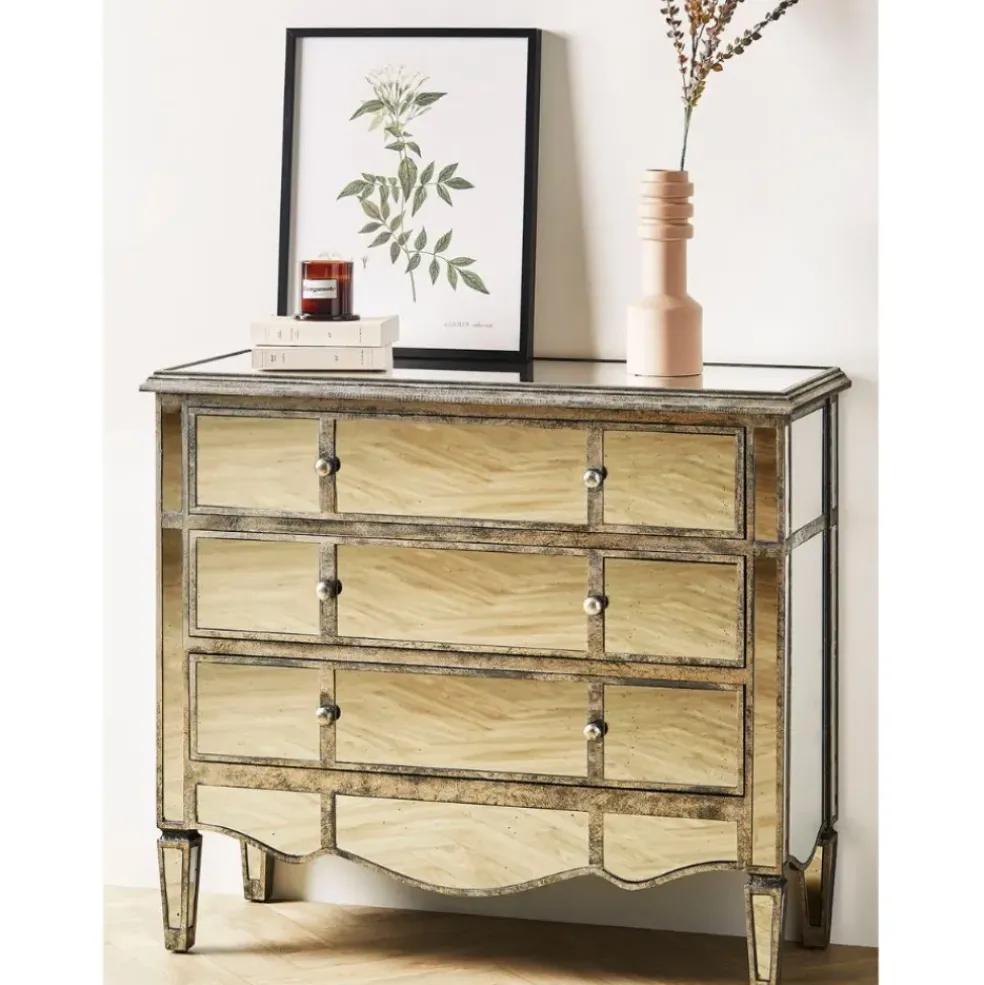 Commode en bois miroir patine 3 tiroirs H87cm