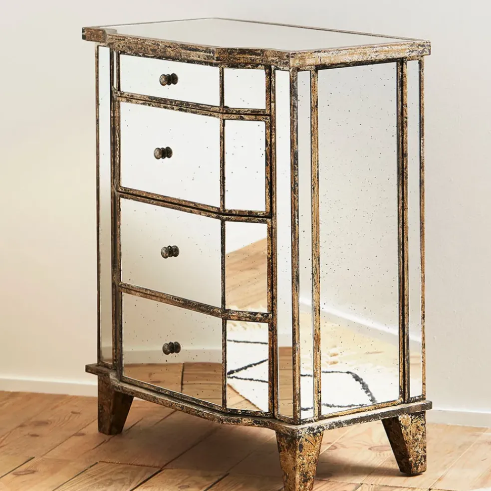 Commode en bois miroir patine 4 tiroirs H88cm