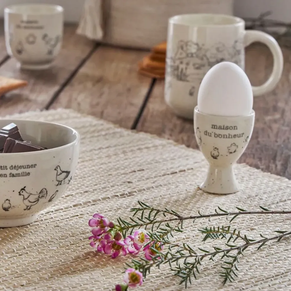 Coquetier Maison du bonheur en grès blanc moucheté - La Ferme