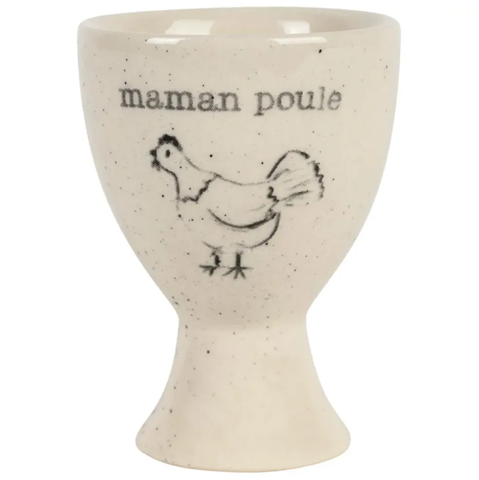 Coquetier Maman poule en grès blanc moucheté - La Ferme
