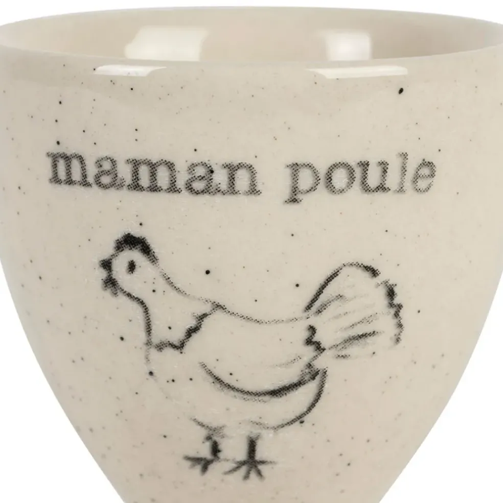 Coquetier Maman poule en grès blanc moucheté - La Ferme