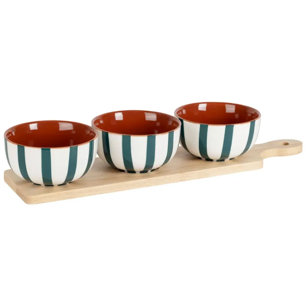 Coupelles x3 en grès rayées émeraude et blanc avec planche d11cm - Alaria