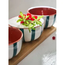 Coupelles x3 en grès rayées émeraude et blanc avec planche d11cm - Alaria