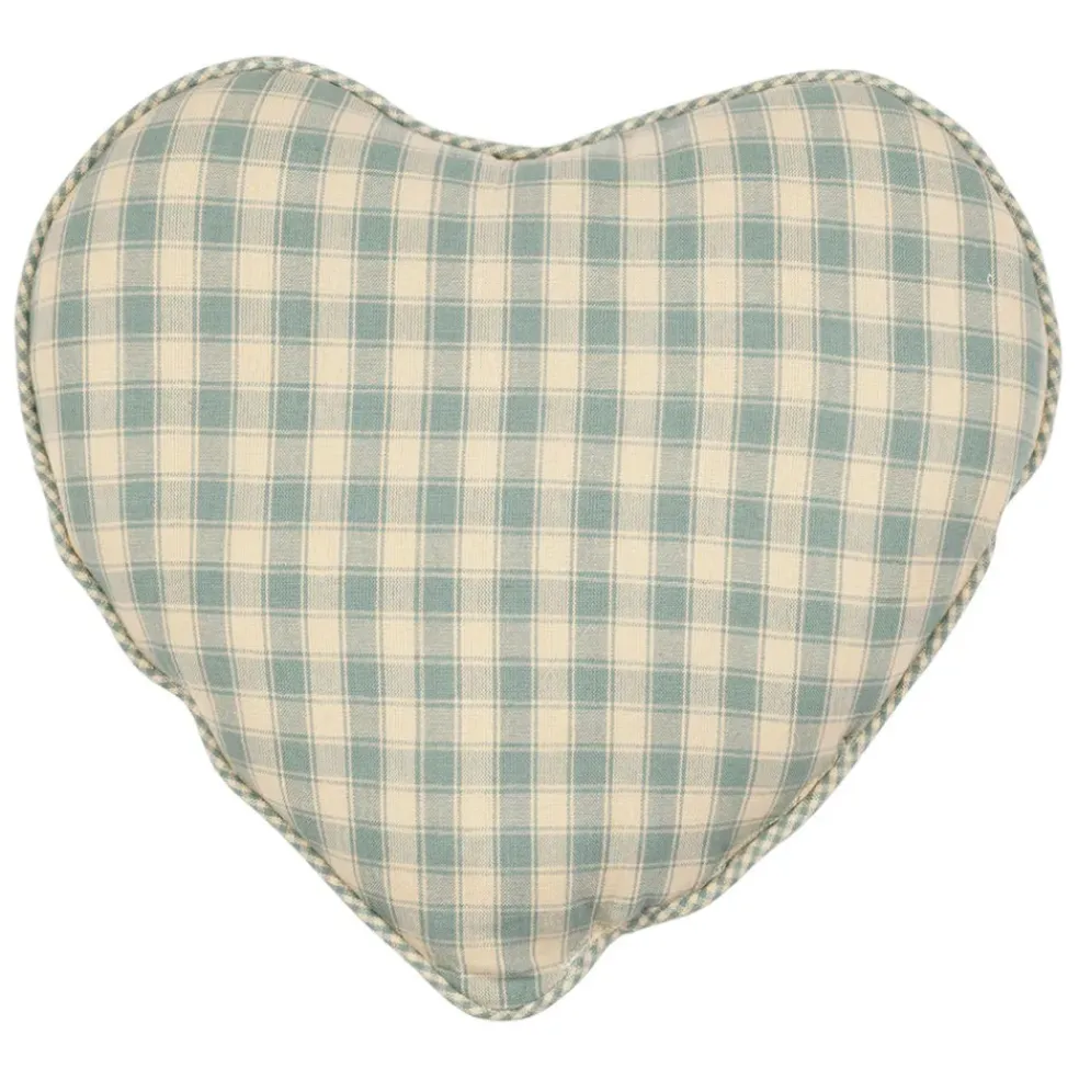Coussin cœur en coton vichy sauge 40x35cm - Campagne