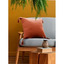 Coussin dehoussable avec pompons en gaze de coton terracotta 40x40cm - Gaia