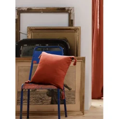 Coussin dehoussable avec pompons en gaze de coton terracotta 40x40cm - Gaia