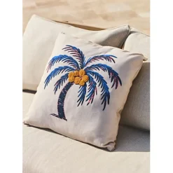 Coussin palmier en coton blanc et bleu 45x45cm - Palme