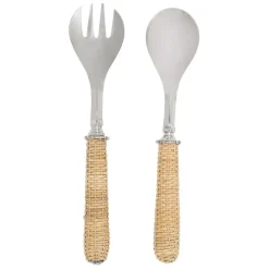 Couverts à salade en inox et osier naturel
