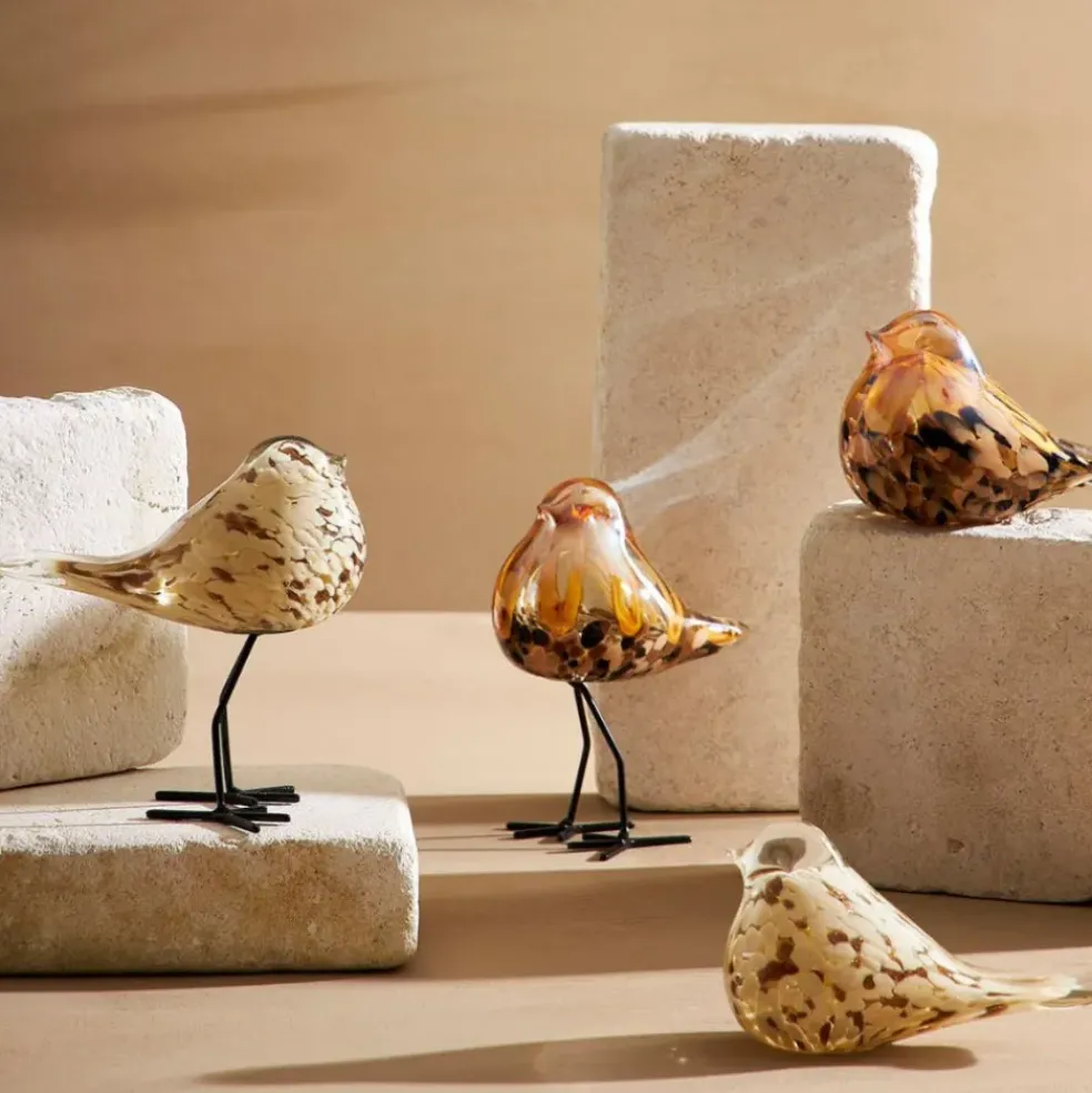 Déco moineau en verre et fer beige et doré - Serin
